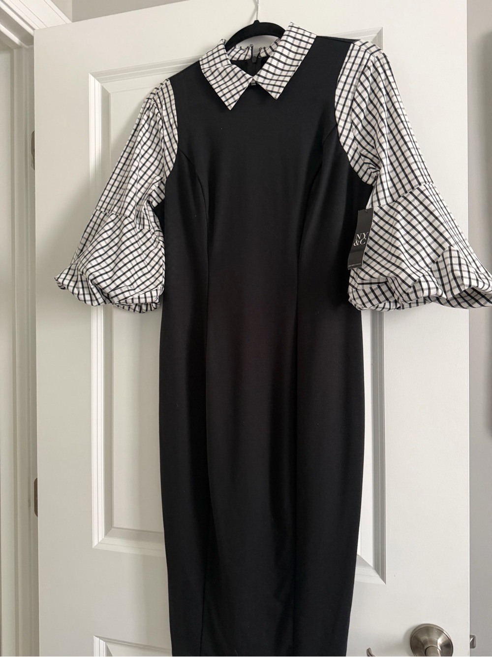 New York & Company Black Midi Dress with White Checked Puff Sleeves